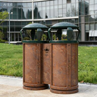 ถังขยะกลางแจ้งสแตนเลสทนทานต่อสนิม พร้อมขาตั้งยางกันลื่นเพื่อสุขอนามัยและการใช้งานในทรัพย์สิน