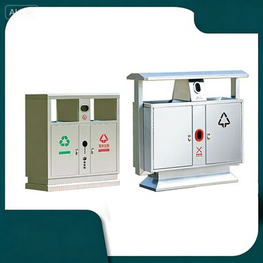 পৌরসভার বর্জ্য স্টেশনগুলির জন্য কাস্টমাইজযোগ্য পাঠ্য এবং নন-স্লিপ রাবার ফুট সহ বৃহৎ আউটডোর স্টেইনলেস স্টিলের ট্র্যাশ বিন