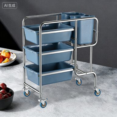 Stainless Steel Mobile Serving Cart with Round Tube Curved Leg for Hotel Restaurant Dish Collection