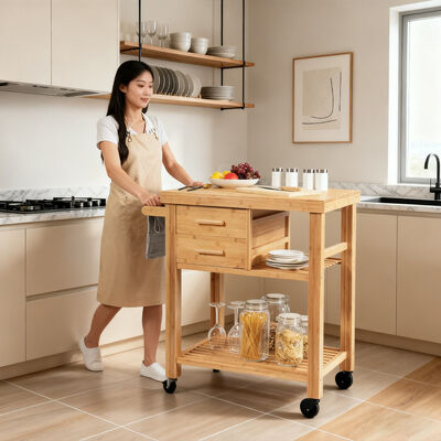 Hot Selling Bamboo Service Trolley with Drawer Rolling Cart for Hotel Kitchen and Home Use