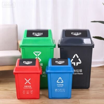 Square Lidded Plastic Trash Bin with Large Capacity for Kitchen School Indoor Waste Disposal
